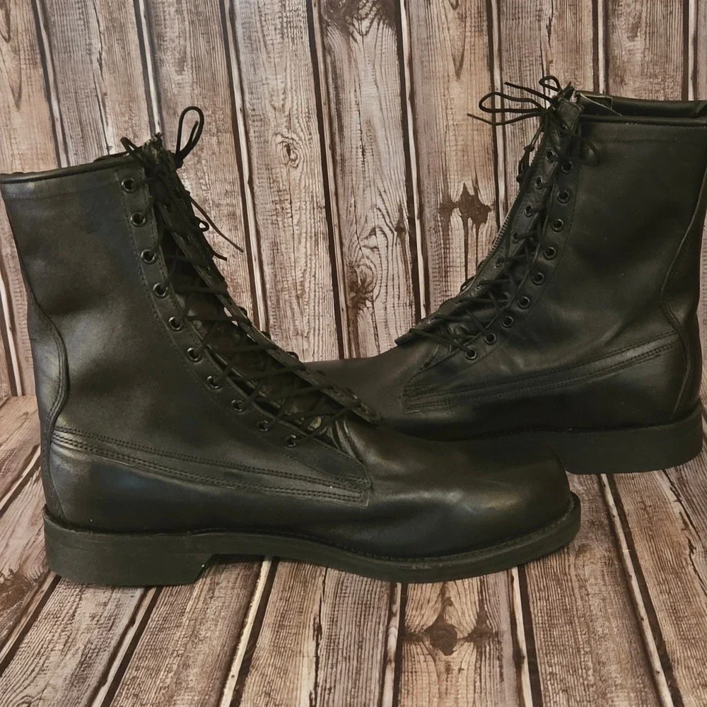 11 D Mens Addison Shoe Corp Military Combat Black Leather Boots Zip Lace Up EUC‎
